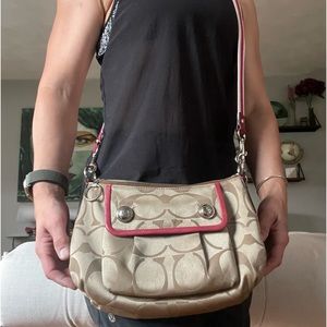 Coach Poppy Khaki & Pink Signature Cross-body Shoulder Handbag Purse 13833